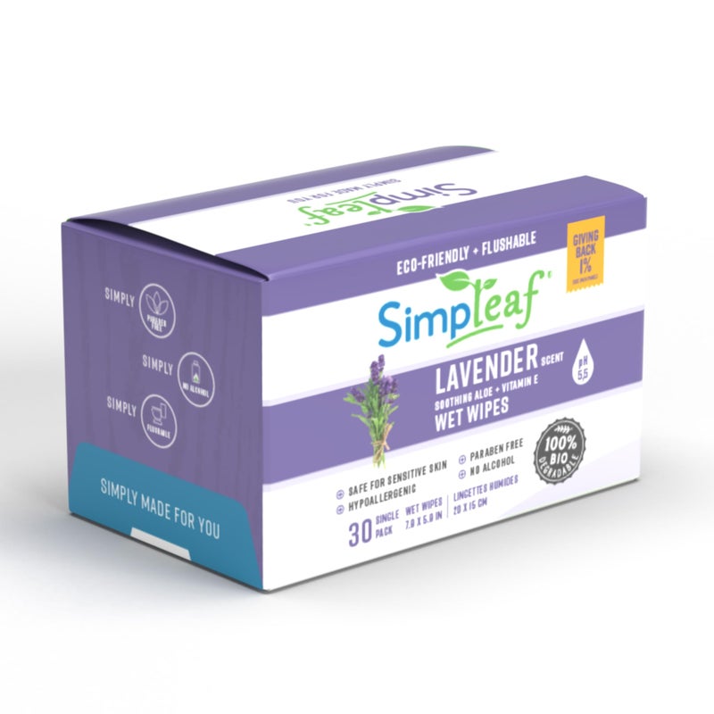 Simpleaf Flushable Lavender Single Pack Wet Wipes | Eco-Friendly Paraben & Alcohol Free | Hypoallergenic & Safe for Sensitive Skin | Soothing Aloe Vera Formula | (30 Single Pack Wipes) - Image 1